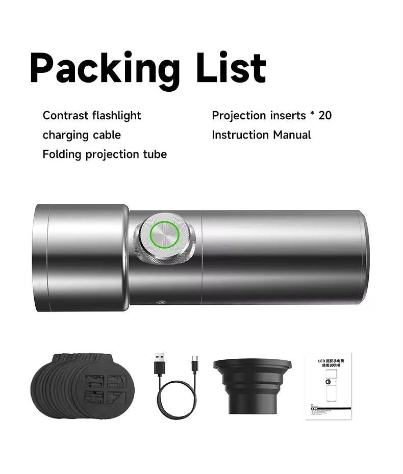 Liste de contenu de la boîte – Lampe torche imagerie LED argentée